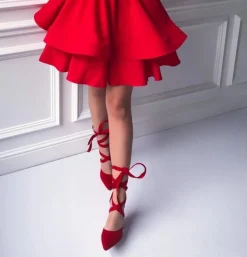 Boto Czółenka Zamszowe|Czółenka Na Słupku*Damskie Czółenka Na Słupku Wiązane Czerwone Demmi