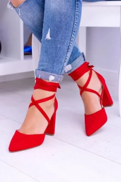 Boto Czółenka Zamszowe|Czółenka Na Słupku*Damskie Czółenka Na Słupku Wiązane Czerwone Demmi