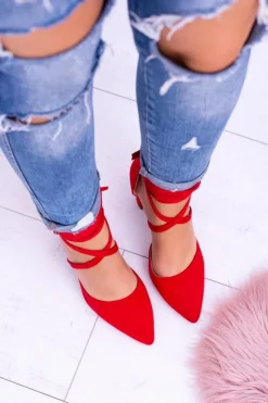 Boto Czółenka Zamszowe|Czółenka Na Słupku*Damskie Czółenka Na Słupku Wiązane Czerwone Demmi