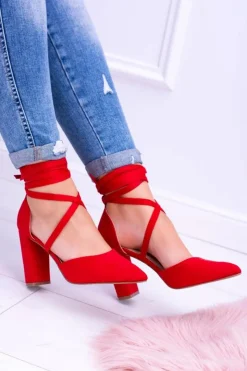 Boto Czółenka Zamszowe|Czółenka Na Słupku*Damskie Czółenka Na Słupku Wiązane Czerwone Demmi