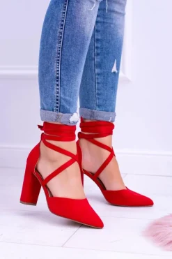 Boto Czółenka Zamszowe|Czółenka Na Słupku*Damskie Czółenka Na Słupku Wiązane Czerwone Demmi