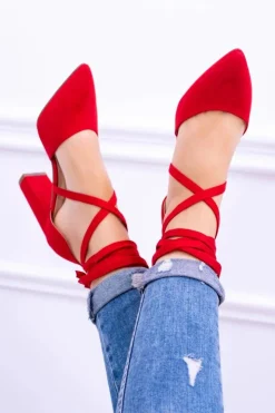 Boto Czółenka Zamszowe|Czółenka Na Słupku*Damskie Czółenka Na Słupku Wiązane Czerwone Demmi