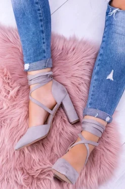 Hot Boto Damskie Czółenka Na Słupku Wiązane Szare Demmi