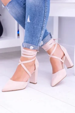 Boto Damskie Czółenka Na Słupku Wiązane Beżowe Demmi