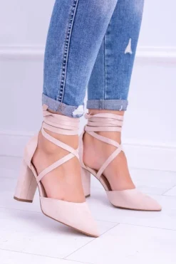 Boto Damskie Czółenka Na Słupku Wiązane Beżowe Demmi