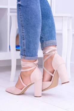 Boto Damskie Czółenka Na Słupku Wiązane Beżowe Demmi