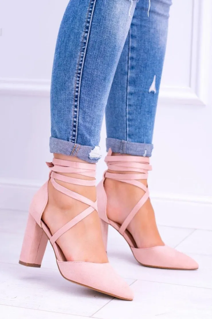 Damskie Boto Damskie Czółenka Na Słupku Wiązane Różowe Demmi