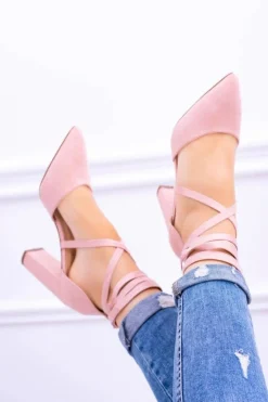 Damskie Boto Damskie Czółenka Na Słupku Wiązane Różowe Demmi