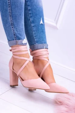 Damskie Boto Damskie Czółenka Na Słupku Wiązane Różowe Demmi