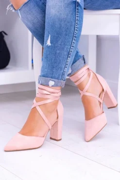 Damskie Boto Damskie Czółenka Na Słupku Wiązane Różowe Demmi