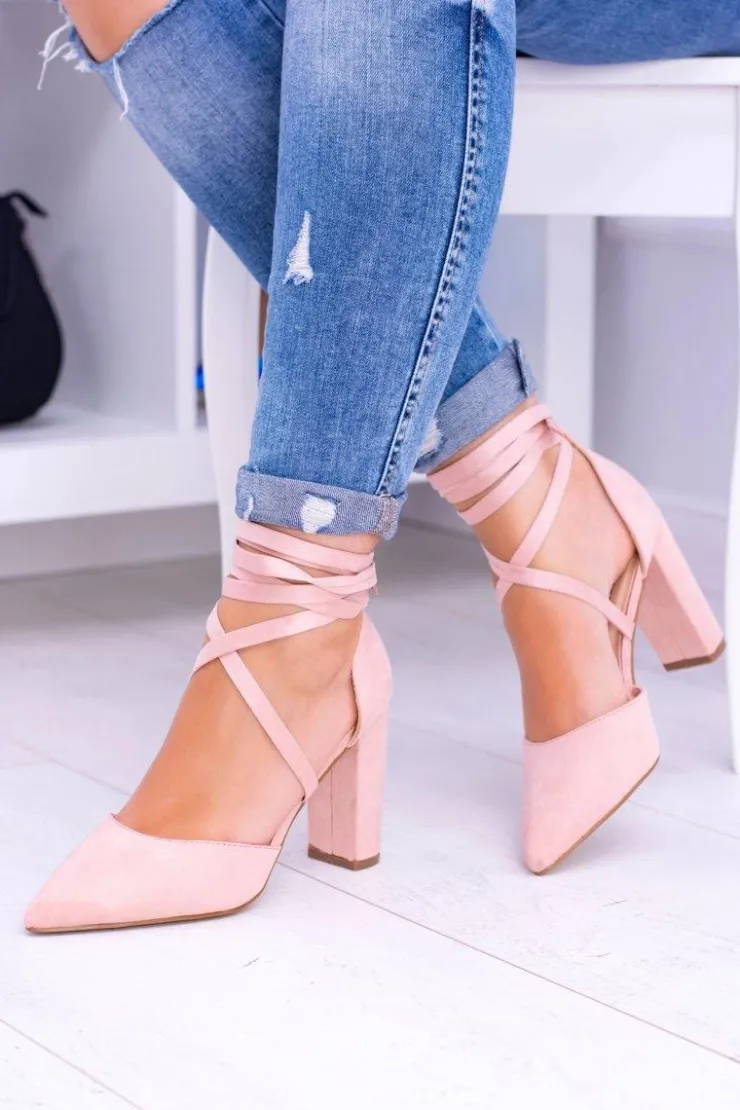 Damskie Boto Damskie Czółenka Na Słupku Wiązane Różowe Demmi