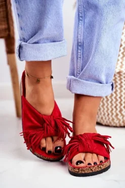 New Boto Damskie Czerwone Klapki Na Korku Frędzle Marina