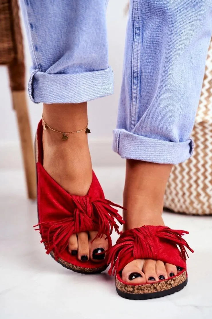 New Boto Damskie Czerwone Klapki Na Korku Frędzle Marina