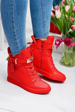 Boto Sneakersy Damskie*Damskie Czerwone Sneakersy Złota Kłódka Koturn Hudgens