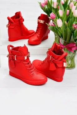 Boto Sneakersy Damskie*Damskie Czerwone Sneakersy Złota Kłódka Koturn Hudgens