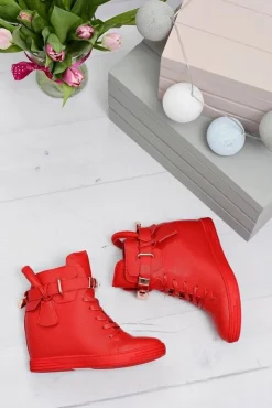 Boto Sneakersy Damskie*Damskie Czerwone Sneakersy Złota Kłódka Koturn Hudgens