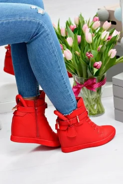 Boto Sneakersy Damskie*Damskie Czerwone Sneakersy Złota Kłódka Koturn Hudgens