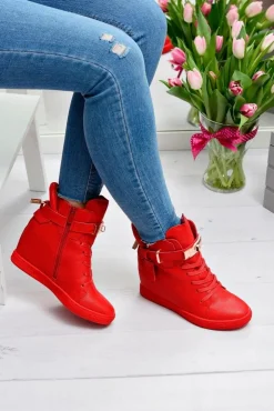 Boto Sneakersy Damskie*Damskie Czerwone Sneakersy Złota Kłódka Koturn Hudgens