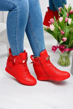 Boto Sneakersy Damskie*Damskie Czerwone Sneakersy Złota Kłódka Koturn Hudgens