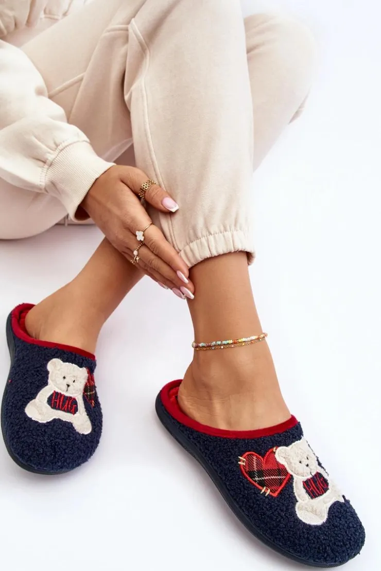 INBLU Kapcie Klasyczne|Klapki Damskie Klasyczne*Damskie Domowe Klapki Kapcie Z Misiem EC000095 Granatowe