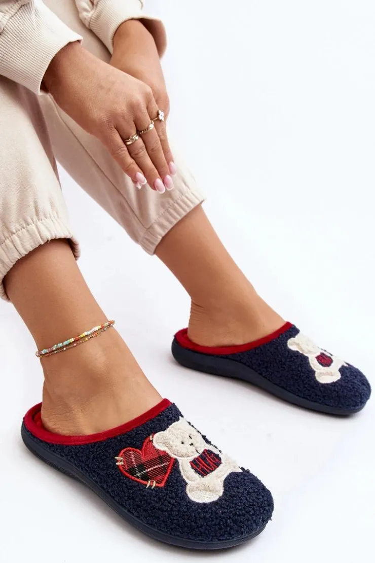 INBLU Kapcie Klasyczne|Klapki Damskie Klasyczne*Damskie Domowe Klapki Kapcie Z Misiem EC000095 Granatowe
