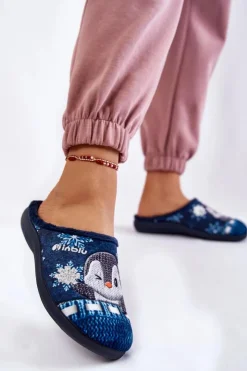 INBLU Kapcie Klasyczne|Klapki Damskie Klasyczne*Damskie Domowe Klapki Papcie Pingwiny EC-81-004 Granatowe