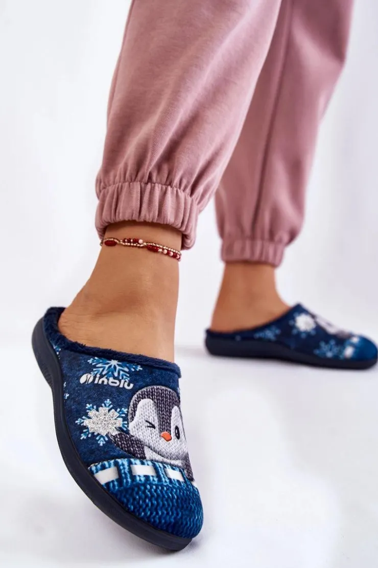 INBLU Kapcie Klasyczne|Klapki Damskie Klasyczne*Damskie Domowe Klapki Papcie Pingwiny EC-81-004 Granatowe