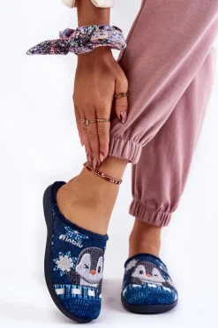 INBLU Kapcie Klasyczne|Klapki Damskie Klasyczne*Damskie Domowe Klapki Papcie Pingwiny EC-81-004 Granatowe