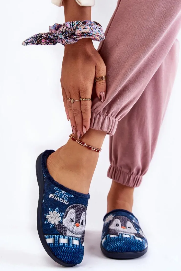 INBLU Kapcie Klasyczne|Klapki Damskie Klasyczne*Damskie Domowe Klapki Papcie Pingwiny EC-81-004 Granatowe