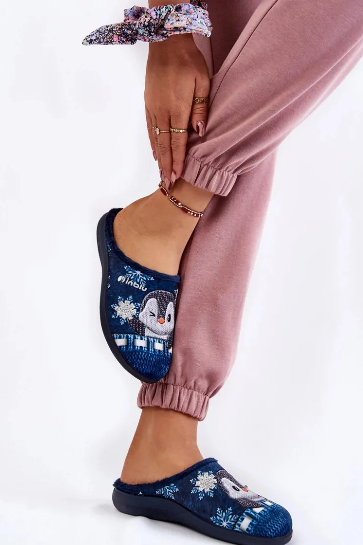 INBLU Kapcie Klasyczne|Klapki Damskie Klasyczne*Damskie Domowe Klapki Papcie Pingwiny EC-81-004 Granatowe