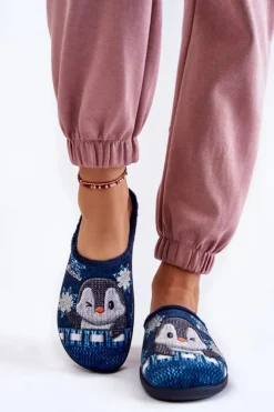 INBLU Kapcie Klasyczne|Klapki Damskie Klasyczne*Damskie Domowe Klapki Papcie Pingwiny EC-81-004 Granatowe