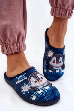 INBLU Kapcie Klasyczne|Klapki Damskie Klasyczne*Damskie Domowe Klapki Papcie Pingwiny EC-81-004 Granatowe
