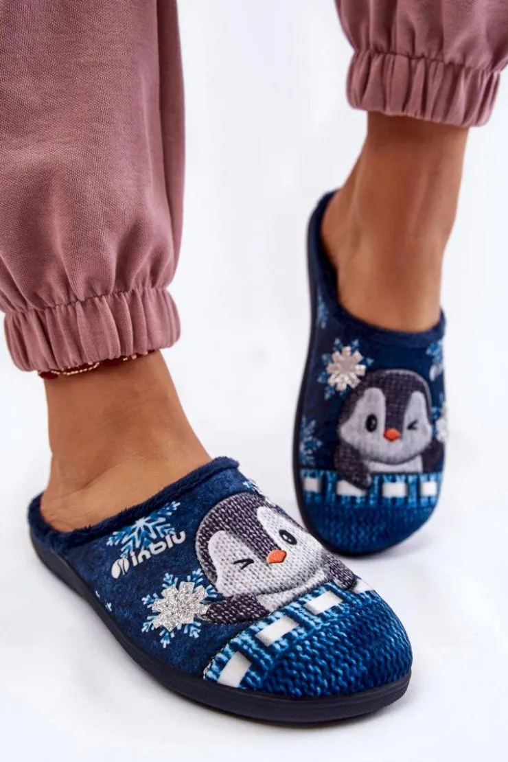 INBLU Kapcie Klasyczne|Klapki Damskie Klasyczne*Damskie Domowe Klapki Papcie Pingwiny EC-81-004 Granatowe