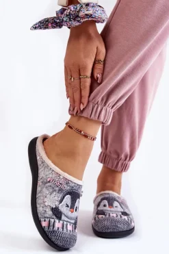 Online INBLU Damskie Domowe Klapki Papcie Pingwiny EC-81-025 Szare