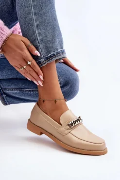 Damskie Boto Damskie Eko Skórzane Mokasyny Z Łańcuchem Beżowe Nohlies