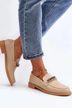 Damskie Boto Damskie Eko Skórzane Mokasyny Z Łańcuchem Beżowe Nohlies