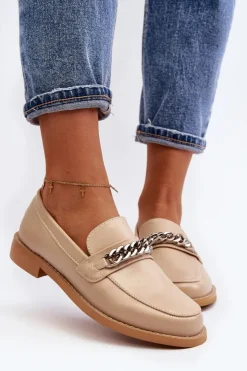 Damskie Boto Damskie Eko Skórzane Mokasyny Z Łańcuchem Beżowe Nohlies
