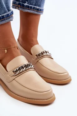 Damskie Boto Damskie Eko Skórzane Mokasyny Z Łańcuchem Beżowe Nohlies
