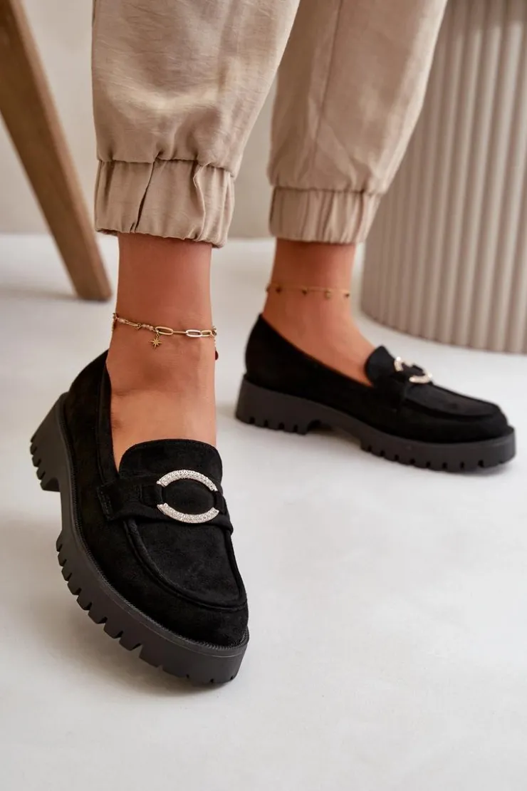 Damskie Boto Damskie Eko Zamszowe Mokasyny Z Błyszczącym Detalem Czarne Avellina