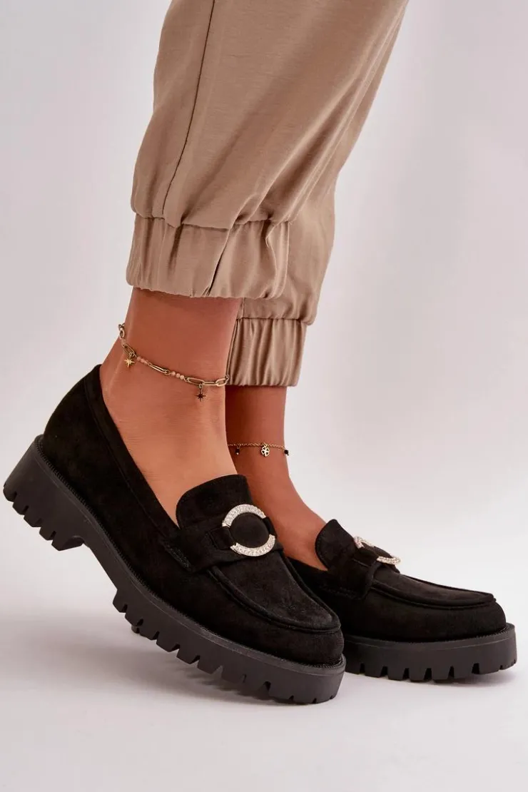 Damskie Boto Damskie Eko Zamszowe Mokasyny Z Błyszczącym Detalem Czarne Avellina