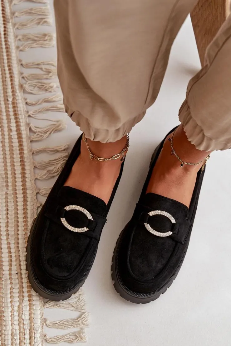 Damskie Boto Damskie Eko Zamszowe Mokasyny Z Błyszczącym Detalem Czarne Avellina