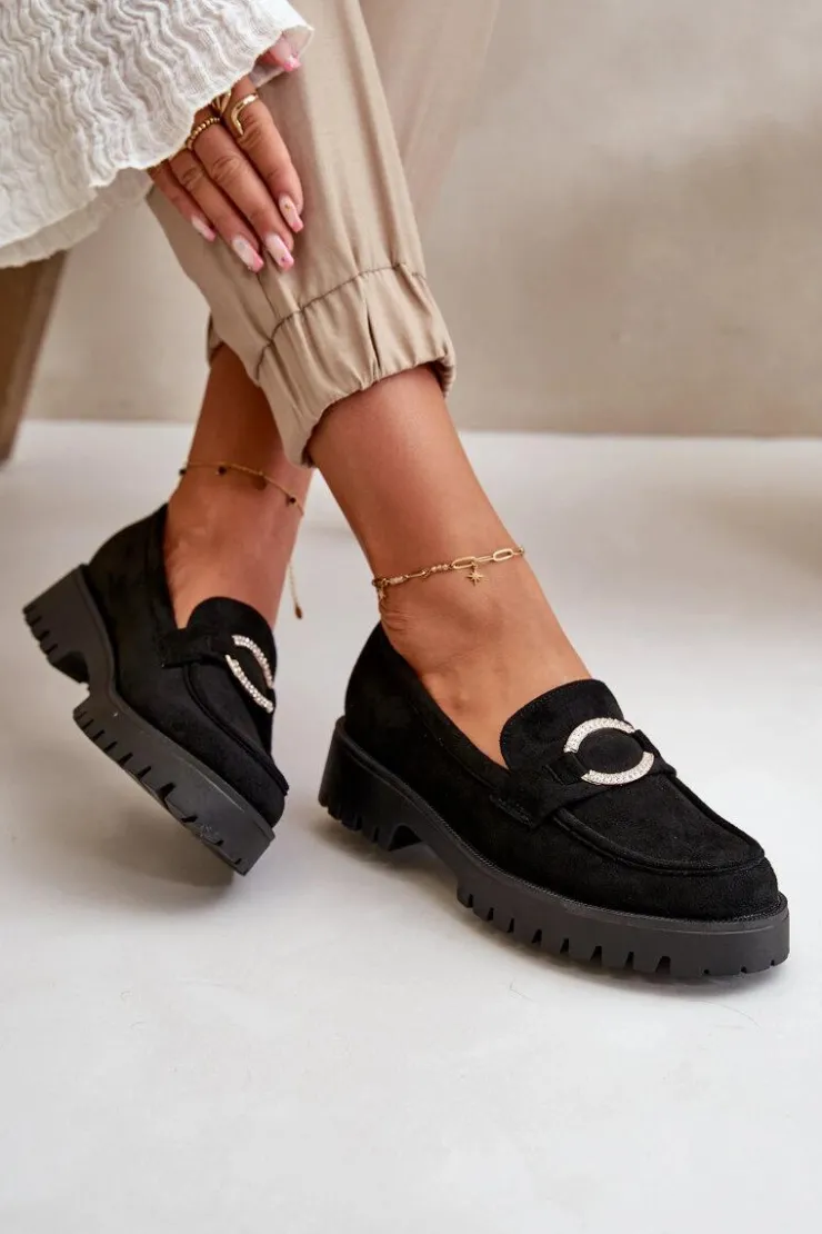 Damskie Boto Damskie Eko Zamszowe Mokasyny Z Błyszczącym Detalem Czarne Avellina