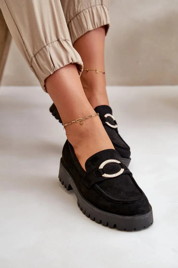 Damskie Boto Damskie Eko Zamszowe Mokasyny Z Błyszczącym Detalem Czarne Avellina