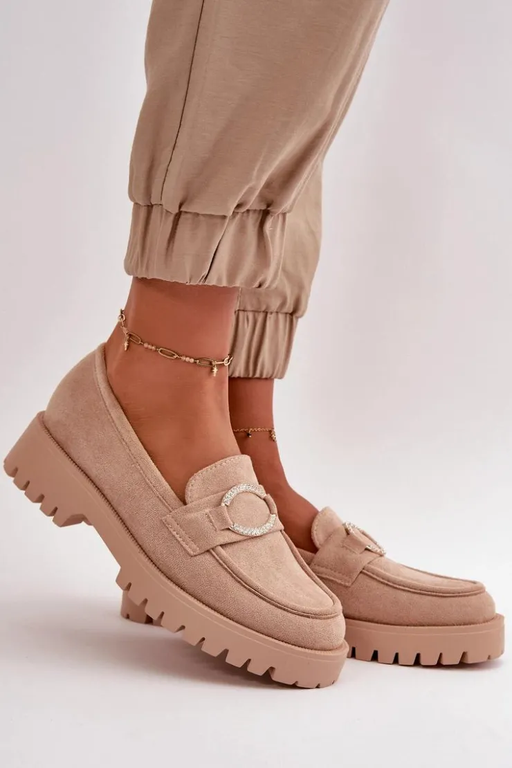 Boto Loafersy Damskie|Mokasyny Damskie Zamszowe*Damskie Eko Zamszowe Mokasyny Z Błyszczącym Detalem Beżowe Avellina