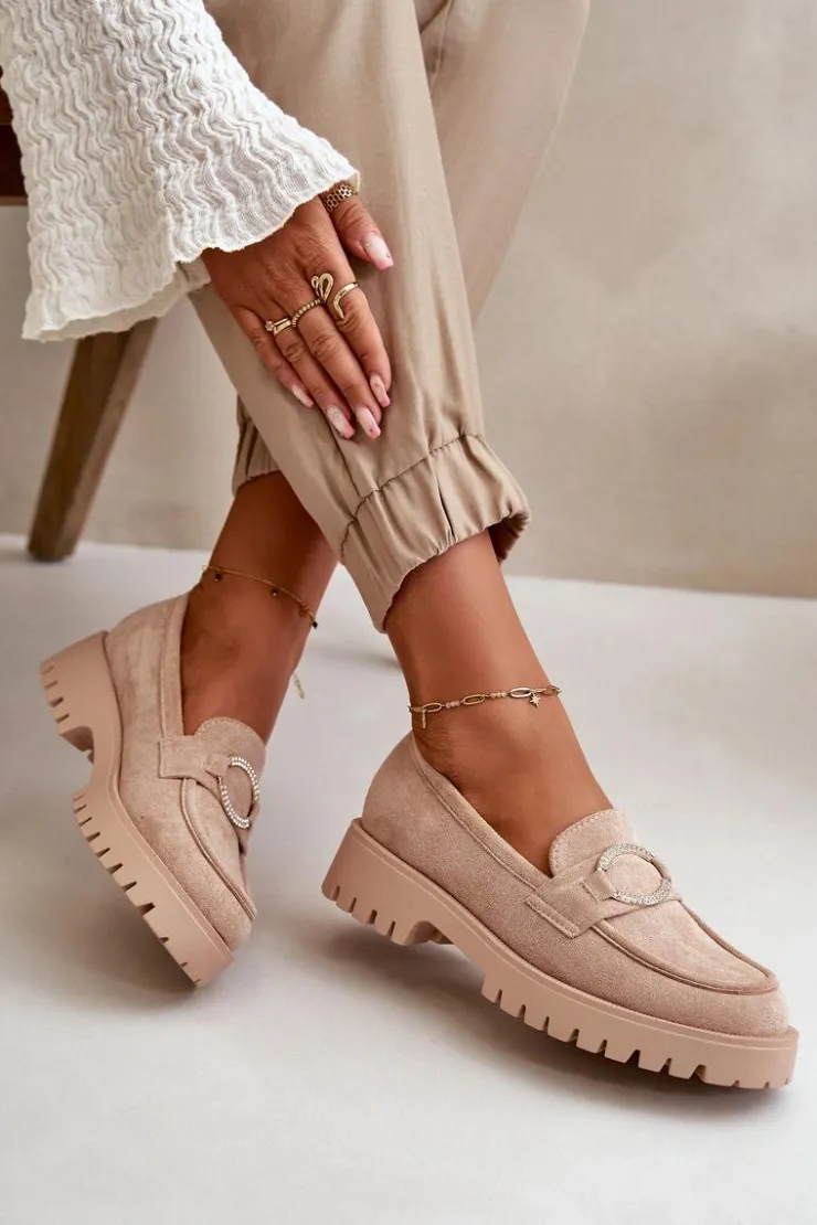 Boto Loafersy Damskie|Mokasyny Damskie Zamszowe*Damskie Eko Zamszowe Mokasyny Z Błyszczącym Detalem Beżowe Avellina