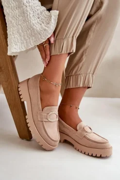 Boto Loafersy Damskie|Mokasyny Damskie Zamszowe*Damskie Eko Zamszowe Mokasyny Z Błyszczącym Detalem Beżowe Avellina