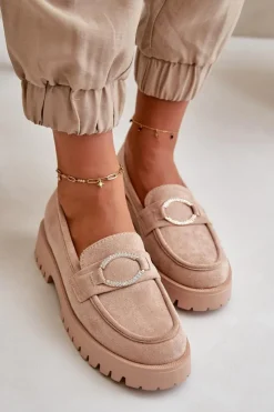 Boto Loafersy Damskie|Mokasyny Damskie Zamszowe*Damskie Eko Zamszowe Mokasyny Z Błyszczącym Detalem Beżowe Avellina