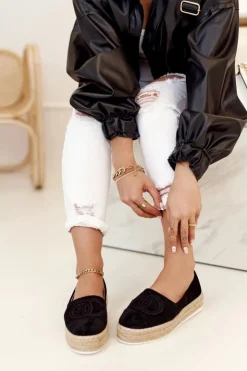 Boto Czarne Espadryle*Damskie Espadryle Na Słomkowej Platformie Czarne Febi