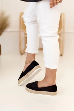 Boto Czarne Espadryle*Damskie Espadryle Na Słomkowej Platformie Czarne Febi