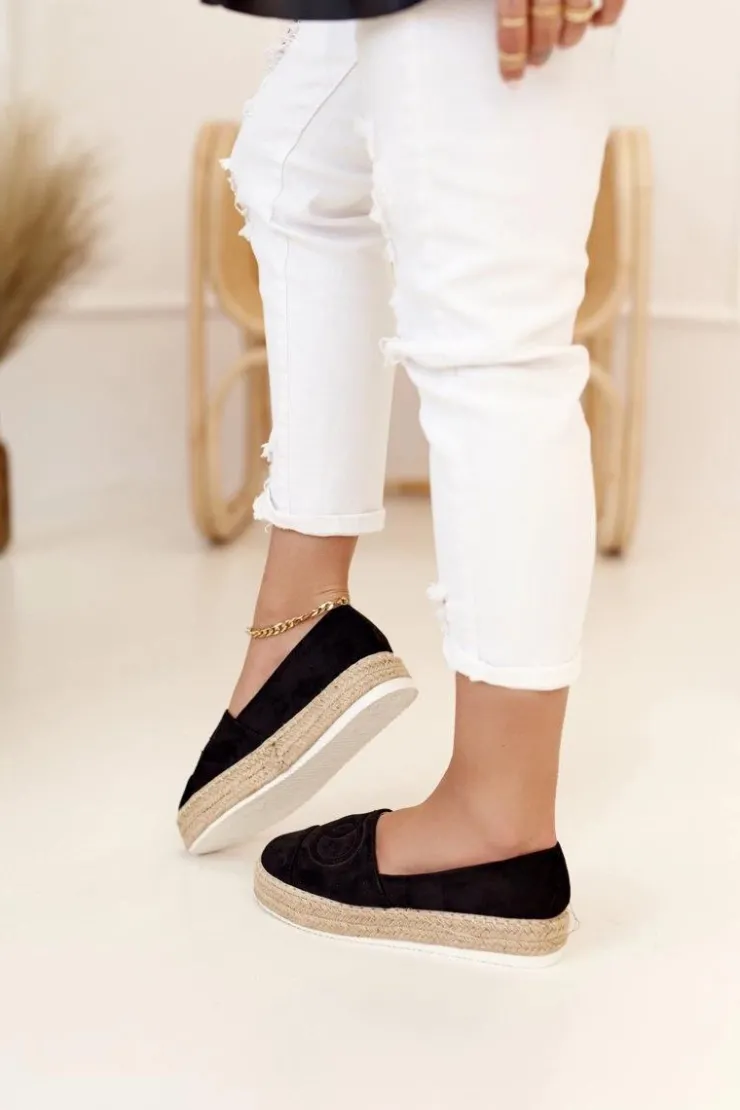 Boto Czarne Espadryle*Damskie Espadryle Na Słomkowej Platformie Czarne Febi